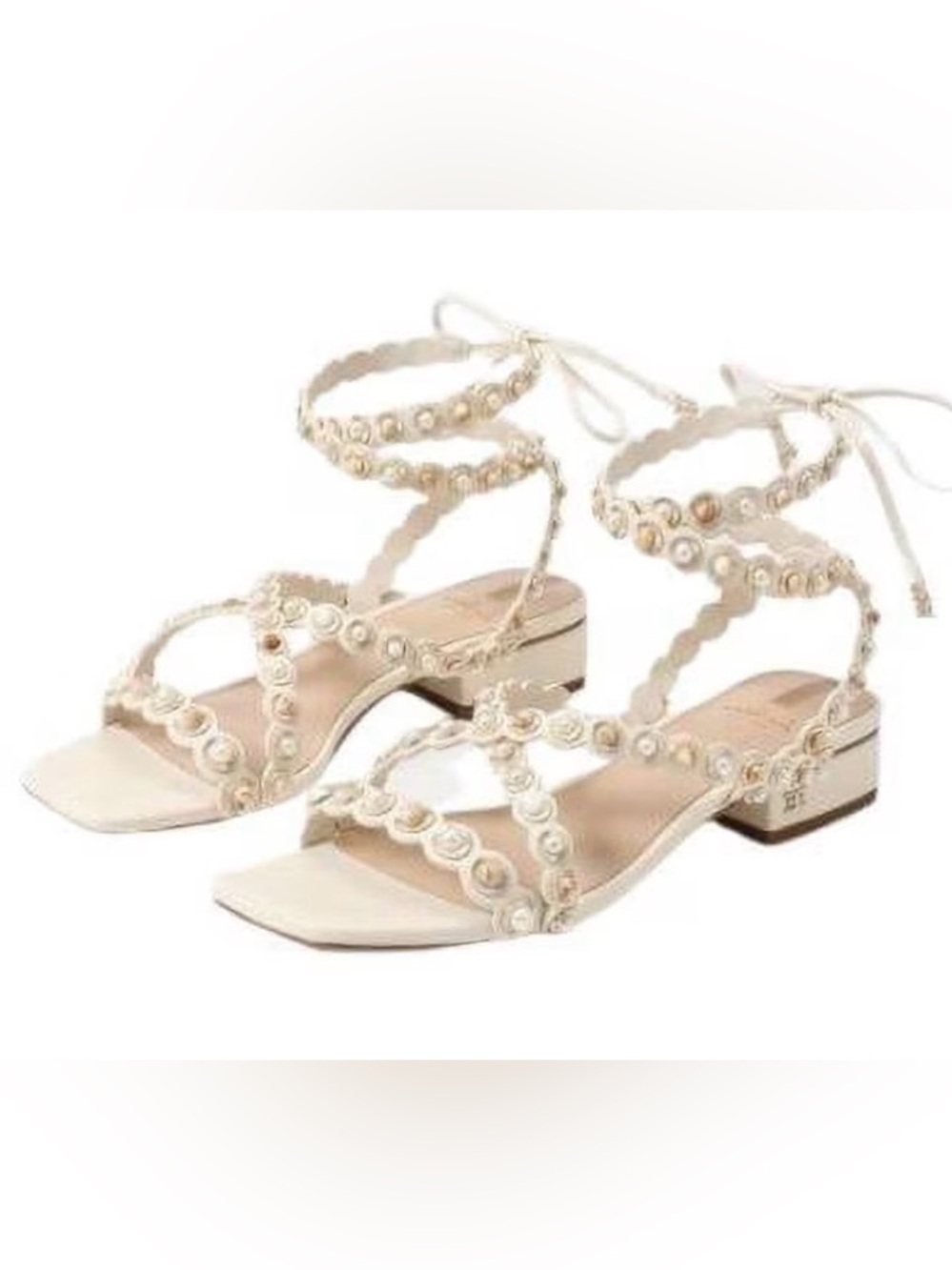 Sam Edelman Delphine Ivory Pearl Beaded Strappy Block Heel Sandals 8